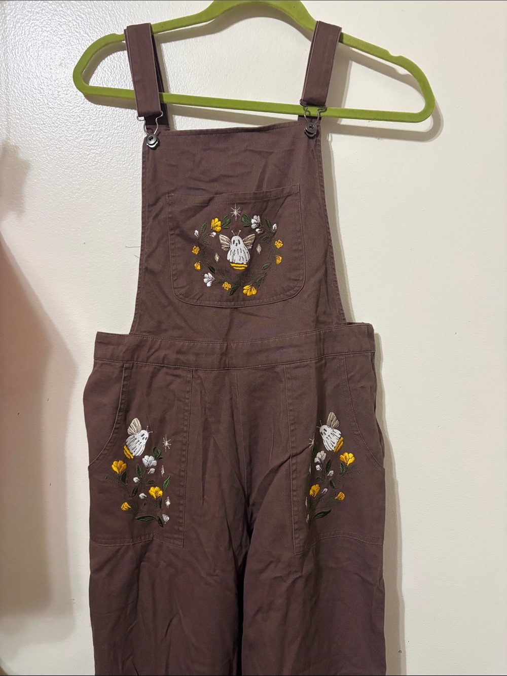 Hot Topic Brown Floral Embroidered Overalls with Yellow & White Accents